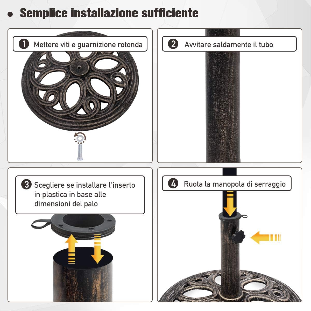 Base per Ombrellone, Ideale per Pali da 38-48mm, Base Ombrellone in Ghisa, Facile da Montare e Pulire, Bronzo
