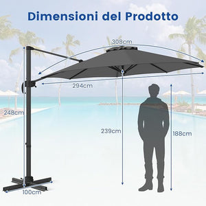 Ombrellone da Esterno 294 cm, Ombrellone con Rotazione a 360°, 5 Angoli di Inclinazione Regolabili, Base a Forma di Croce, 8 Stecche, Ombrellone per Giardino, Piscina, Cortile