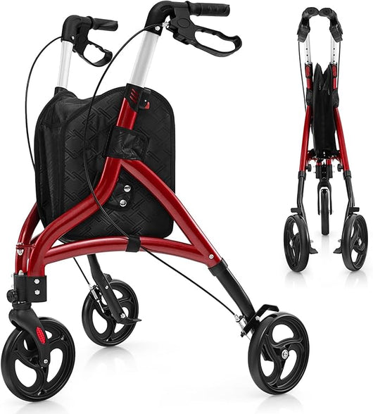 Deambulatore per Anziani in Alluminio Ultraleggero a 3 Ruote, Rollator per Anziani Pieghevole e Regolabile in 6 Livelli 86-96 cm con Borsa e Ruote Bloccabili, Portata 136 kg (Rosso)