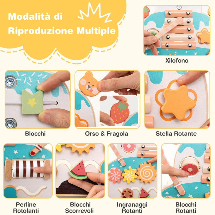 Girello in Legno per Bmabini, Passeggino Regolabile in Altezza con Centro Attività, Carello Primi Passi con Xilofono, Blocchi Scorrevoli e Perline Mobili, per Bambini 1+ Anni