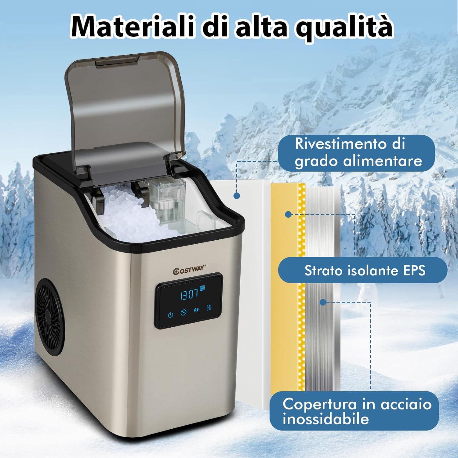 Fabbricatore di Ghiaccio 24kg/24h, 2 Modi di Ricarica dell'Acqua Autopulente e Finitura in Acciaio Inox, Macchina per Produzione di Ghiaccio per Casa Ufficio e Bar