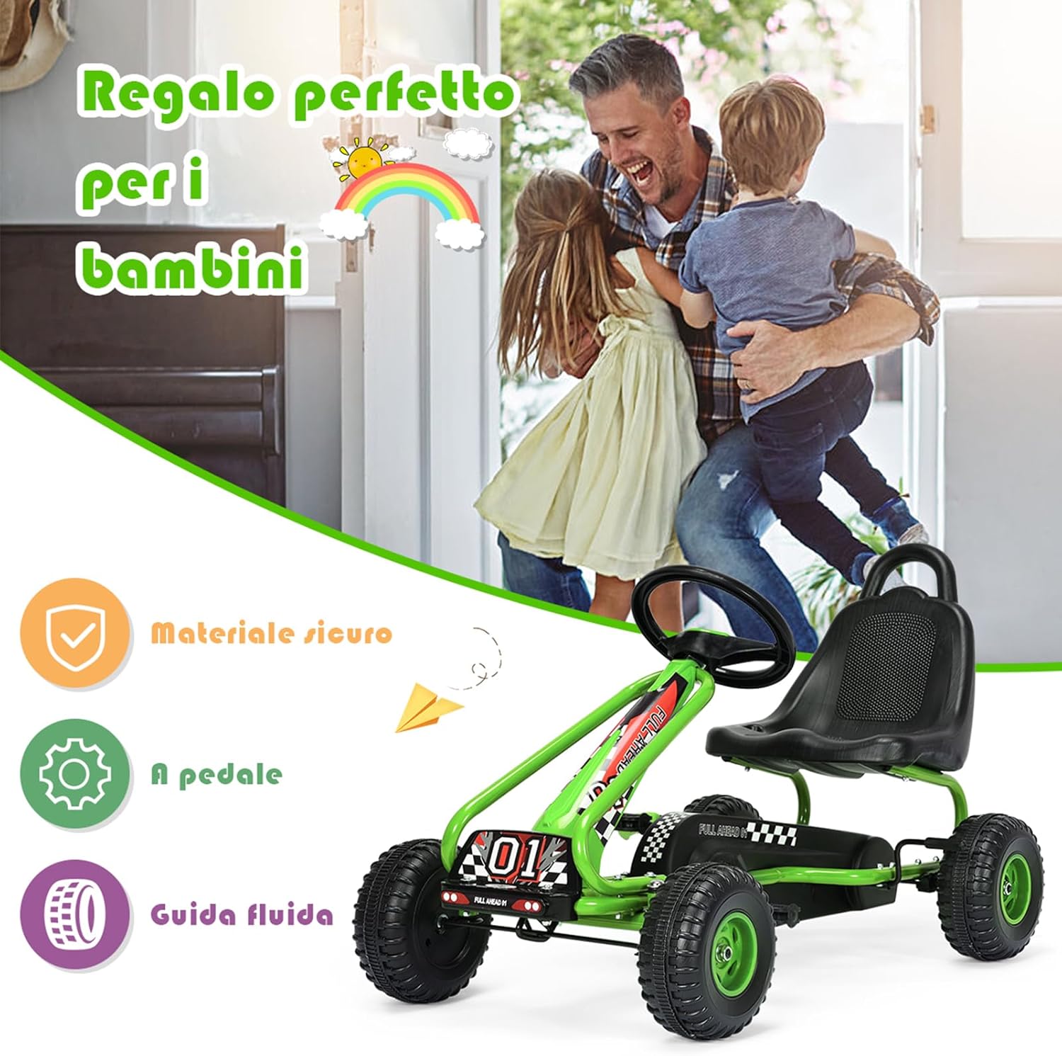 Go Kart a Pedali per Bambini, Go Kart Veicolo con Sedile Regolabile e Freno a Mano, per Bambini 3-6 Anni, Portata Massima 30 kg (Verde)