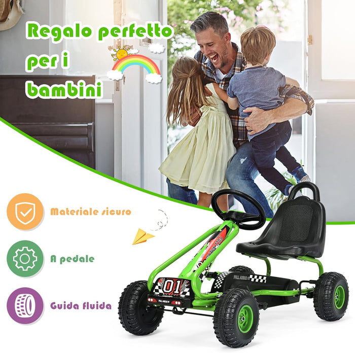 Go Kart a Pedali per Bambini, Go Kart Veicolo con Sedile Regolabile e Freno a Mano, per Bambini 3-6 Anni, Portata Massima 30 kg (Verde)