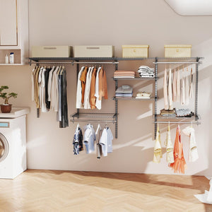 Guardaroba Parete 122-244 CM, Sistema di Organizzazione Regolabile con Asta Pendente, Appendiabiti Metallica, Sistema di Organizzazione e Stoccaggio Armadi per Camera da Letto (Grigio)