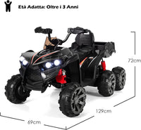 12V Quad Elettrico per Bambini, Macchina Elettrica per Bambini con 6 Ruote 4 Motori Baule Posteriore Luci LED e Musica, Trazione Integrale, 3-6 km/h, 3 Anni+ (Nero)