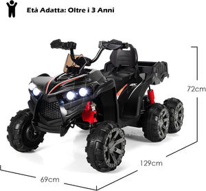 12V Quad Elettrico per Bambini, Macchina Elettrica per Bambini con 6 Ruote 4 Motori Baule Posteriore Luci LED e Musica, Trazione Integrale, 3-6 km/h, 3 Anni+ (Nero)
