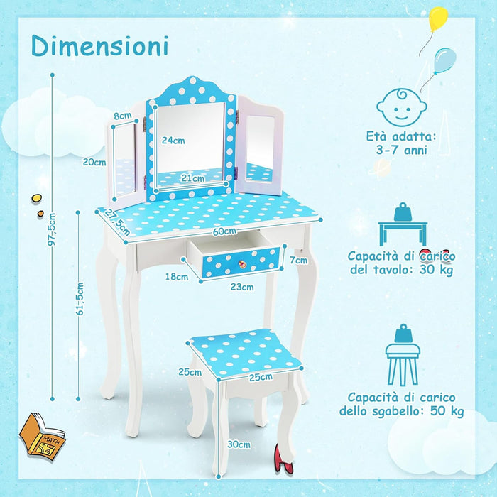 2 in 1 Toeletta Trucco per Bambini con Sgabello, Tavolo per Trucco con Specchio Triplo e Cassetto, Specchio Rimovibile, 3 Anni + (Blu + Bianco)