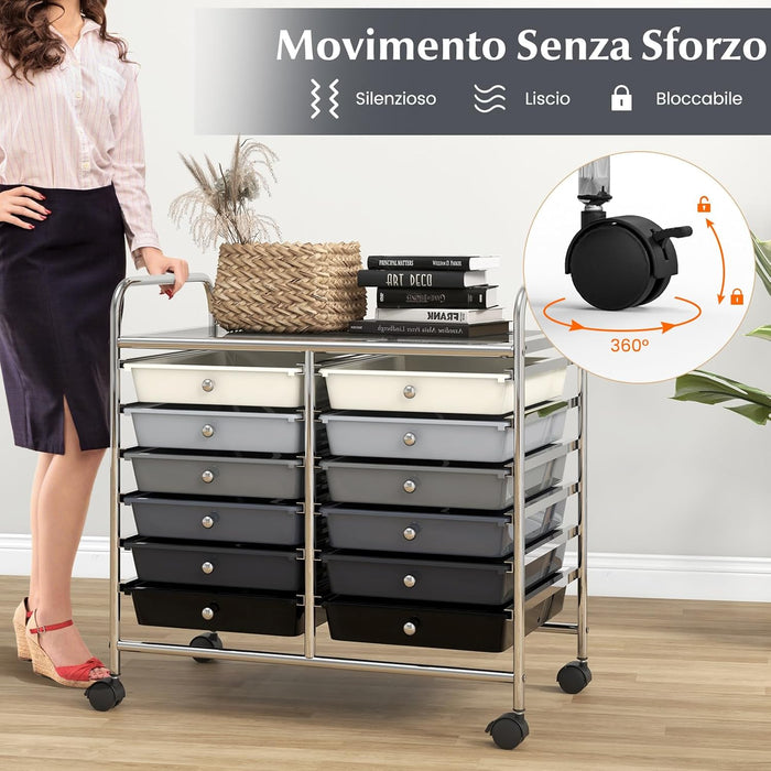 Carrello di Stoccaggio con 12 Cassetti, Carrello portaoggetti con 4 Ruote, Carrello Multiuso per Scuola Ufficio Cucina, 64 x 38 x 62 cm (12 cassetti Grigio sfumato)