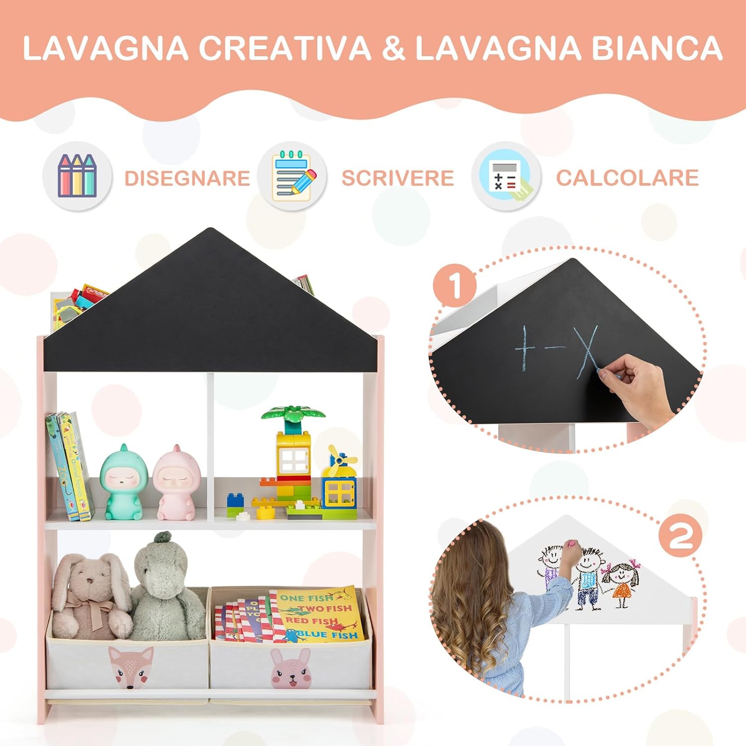 Libreria per Bambini, Organizzatore in Legno a Forma di Casa Bambole, con 2 in 1 Lavagne 4 Scomparti 2 Ripiani e 2 Cassetti, per Stanza Giochi Camera da Letto, 63x27x90 cm (Rossa)