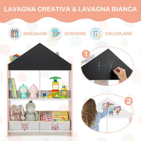 Libreria per Bambini, Organizzatore in Legno a Forma di Casa Bambole, con 2 in 1 Lavagne 4 Scomparti 2 Ripiani e 2 Cassetti, per Stanza Giochi Camera da Letto, 63x27x90 cm (Rossa)