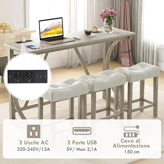 Set 4 Pezzi Tavolo e 3 Sgabello da Bar con 2 Prese di Corrente e 2 Porte USB Tipo-A, Tavolo da Pranzo e Colazione in Legno di Gomma con Gambe a Curva, Set Sedie con Sedile Morbide, Beige