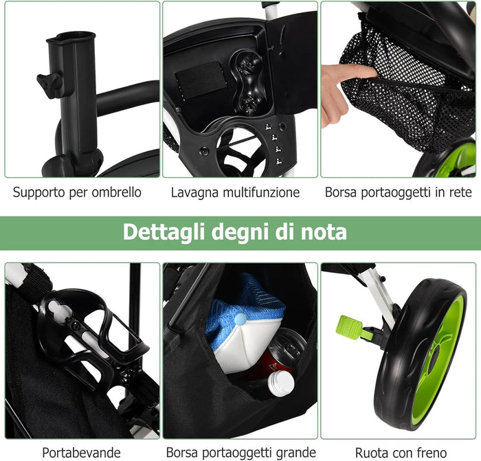Carrello da Golf Pieghevole con 3 Ruote, Trolley da Golf Altezza Regolabile di Alluminio con Sedile, Porta Ombrello e Porta Bevande