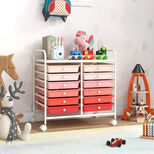 Carrello di Stoccaggio con 12 Cassetti, Carrello portaoggetti con 4 Ruote, Carrello Multiuso per Scuola Ufficio Cucina, 64 x 38 x 62 cm (12 cassetti Rosa sfumato)