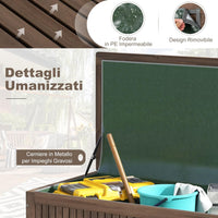 Baule da Giardino in Legno 213 L, Baule da Esterno con Ruote e Maniglie, Interna Resistente all'Acqua, Contenitore Salvaspazio da esterno armadio, 114 x 58,5 x 51 cm