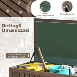 Baule da Giardino in Legno 213 L, Baule da Esterno con Ruote e Maniglie, Interna Resistente all'Acqua, Contenitore Salvaspazio da esterno armadio, 114 x 58,5 x 51 cm