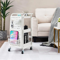 Carrello Multiuso a 3 Livelli, Carrello Organizzatore di Stoccaggio, con 2 Cestini e 4 Ganci, Ideale per Ufficio Cucina Garage, 52x33x75cm (Bianco)