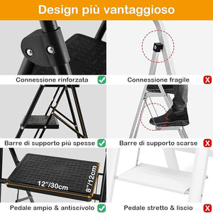 Scala a 3 Gradini, Scaletta Pieghevole con Ampio Pedale, Corrimano e Piedi Antiscivolo, Struttura in Metallo, Carico 265 kg, Nero