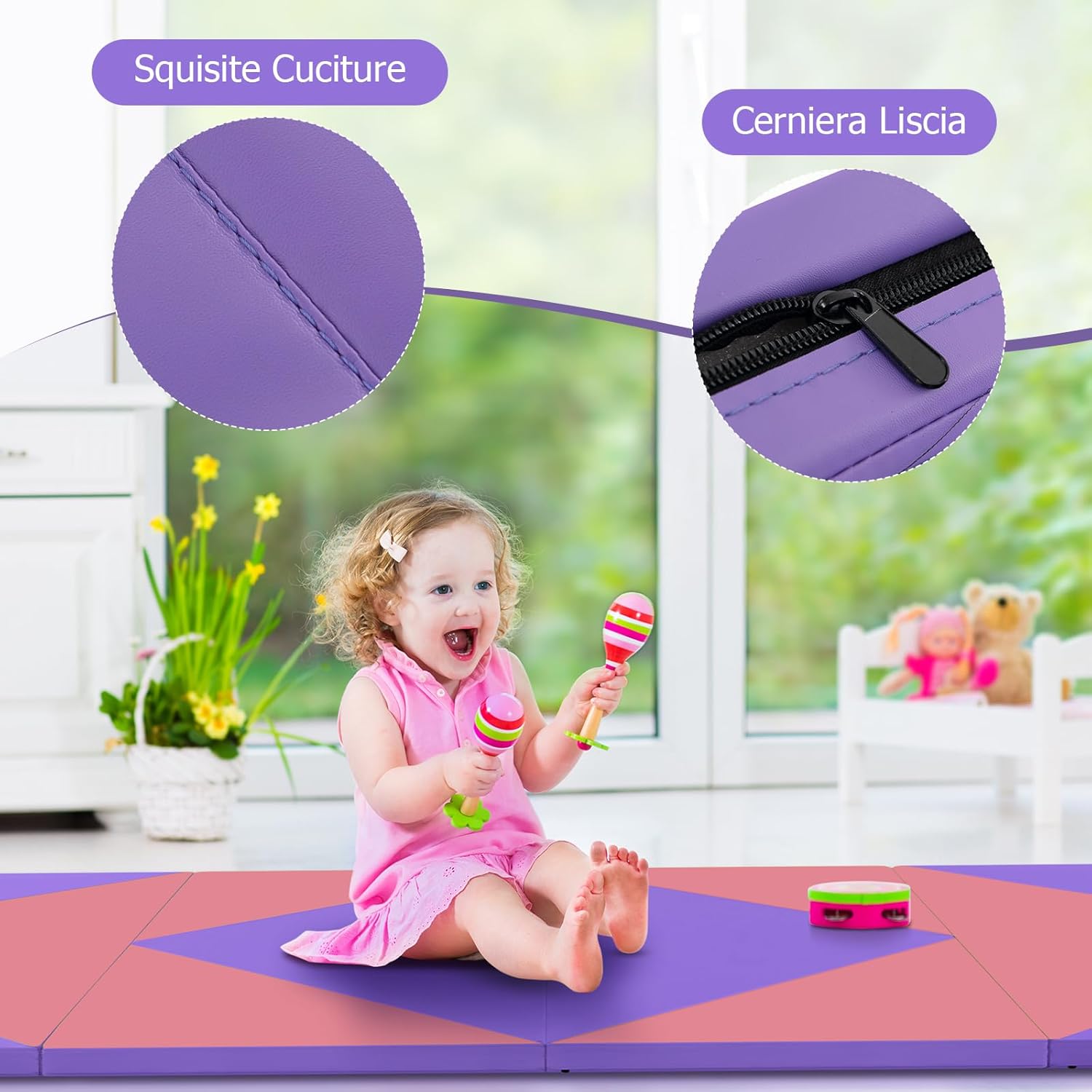 Tappetino Ginnastica Pieghevole 240 CM, Tappetino Fitness con Maniglie e Chiusure a Strappo per Stretching, Yoga, Arti Marziali da Casa e Palestra