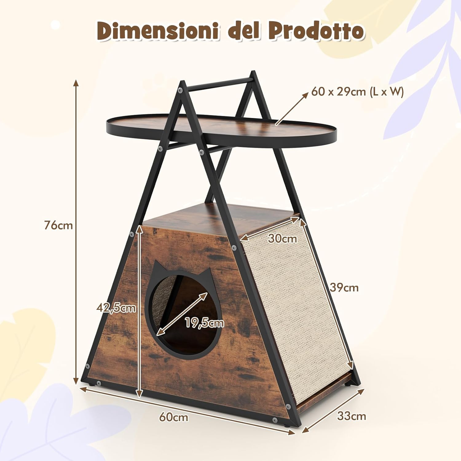 Mobile per Gatti, Tavolino Triangolare 2 in 1 con Condo Nascosto e Tappetini in Sisal, Comodino Moderno per Animali Domestici per Camera da Letto e Soggiorno in Legno e Metallo, 60 x 33 x 76cm