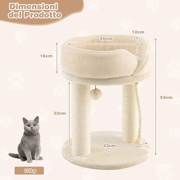 Tiragraffi per Gatti, Albero Tiragraffi Gatto con Cuccia in Peluche, Pallina, Corde e Tiragraffi in Sisal, Tiragraffi da Divano in Legno per Gatti Piccoli, 43 x 43 x 53 cm (Beige)
