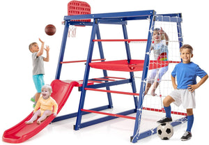 7 in 1 Parco giochi Arrampicata Bambino con Scivolo & Cestino da Pallacanestro, Giocattolo Arrampicata Montessori con 2 Piattaforma, Interno Esterno, Carico 120kg per Bambini 3-7 Anni