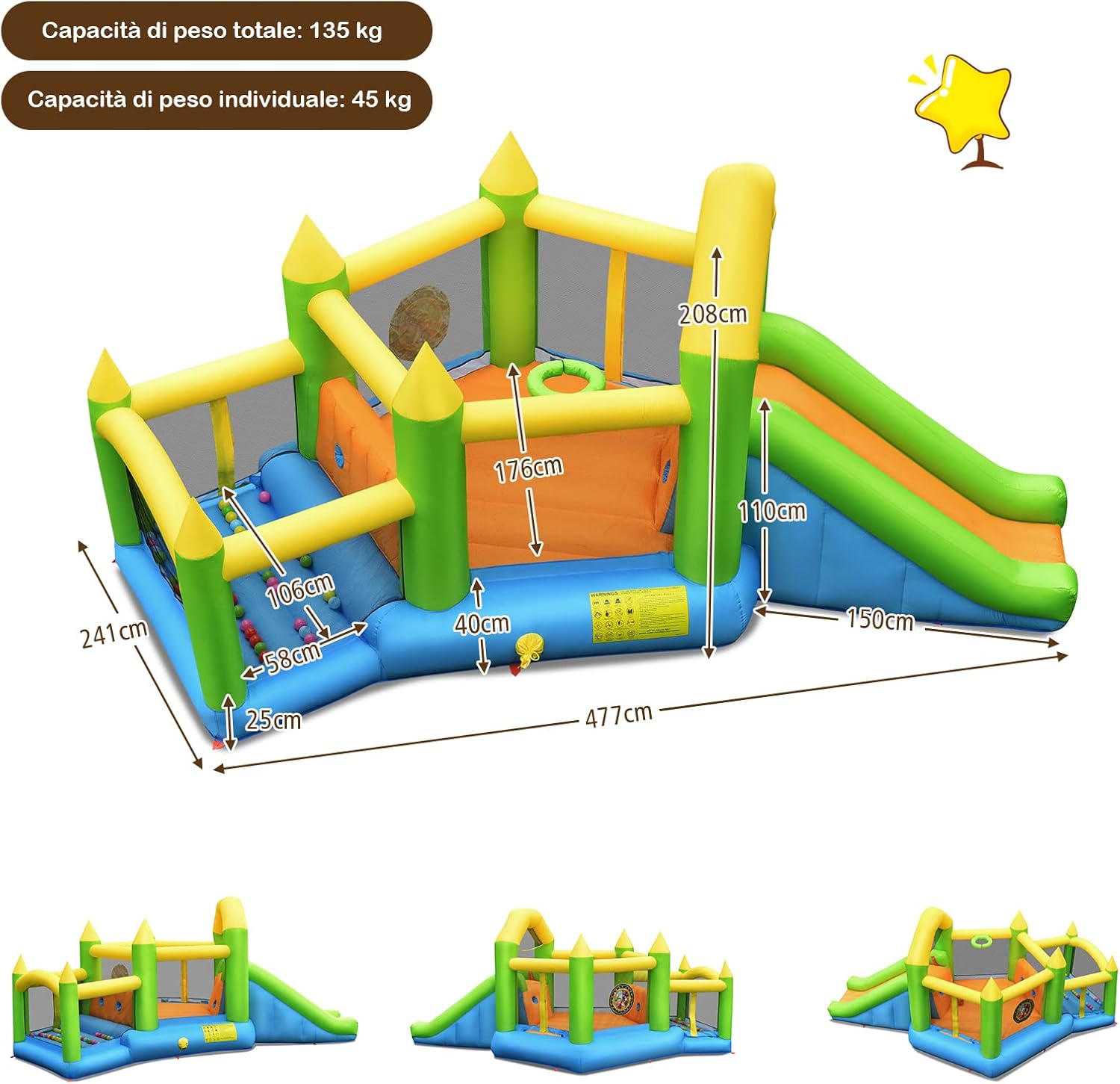 Castello Gonfiabile 5 in 1 per Bambini, Gonfiabile con Scivolo, Trampolino, Piscina di Palline, Canestro e Palla Basket, Borsa di Trasporto, 477x241x208 cm (Senza soffiatore)