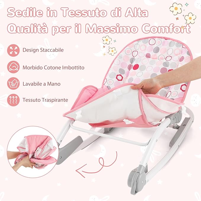 2-in-1 Sdraietta per Bambini, Sdraietta per Neonati Portatile con Schienale Regolabile a 3 Livelli, Sdraietta Pieghevole con Giocattoli, con Cintura di Sicurezza, per Bambini 0-6 Mesi (Rosa)