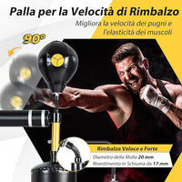Bersaglio Boxe Multifunzionale da Terra, Sacco da Boxe con Asta Rotante a 360°Autonoma con 2 Palle, Altezza Regolabile e Base Riempibile, per Casa o Palestra