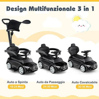 3 in 1 Auto a Spinta, Mercedes-Benz Macchina Cavalcabile, con Schienale Regolabile Suono Barra di Spinta e Tettuccio, per Bambini 18-36 Mesi (Nero)