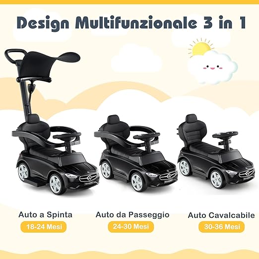3 in 1 Auto a Spinta, Mercedes-Benz Macchina Cavalcabile, con Schienale Regolabile Suono Barra di Spinta e Tettuccio, per Bambini 18-36 Mesi (Nero)