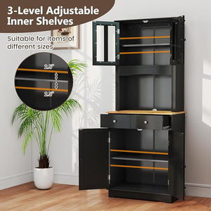 Mobile Dispensa da Cucina, Armadio di Stoccaggio Autonomo con Credenza e 2 Cassetti, Ripiani Regolabili, Ampio Spazio per Forno a Microonde, 2 Colori, 68,5 cm x 40,5 cm x 170 cm (Nero)