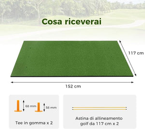 Tappeto da Allenamento Golf 3-in-1, Tappetino da Allenamento in Erba Sintetica con 2 Punte da Golf, 2 Aste di Allineamento e 3 Fori Preforati per le Punte