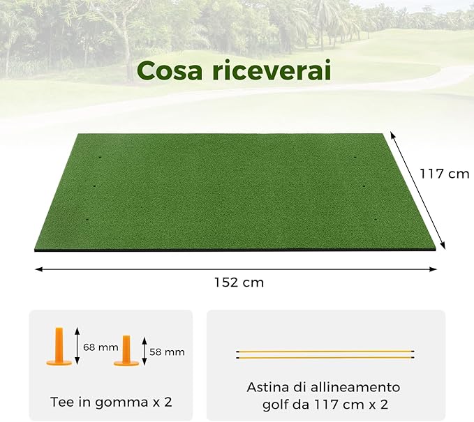 Tappeto da Allenamento Golf 3-in-1, Tappetino da Allenamento in Erba Sintetica con 2 Punte da Golf, 2 Aste di Allineamento e 3 Fori Preforati per le Punte