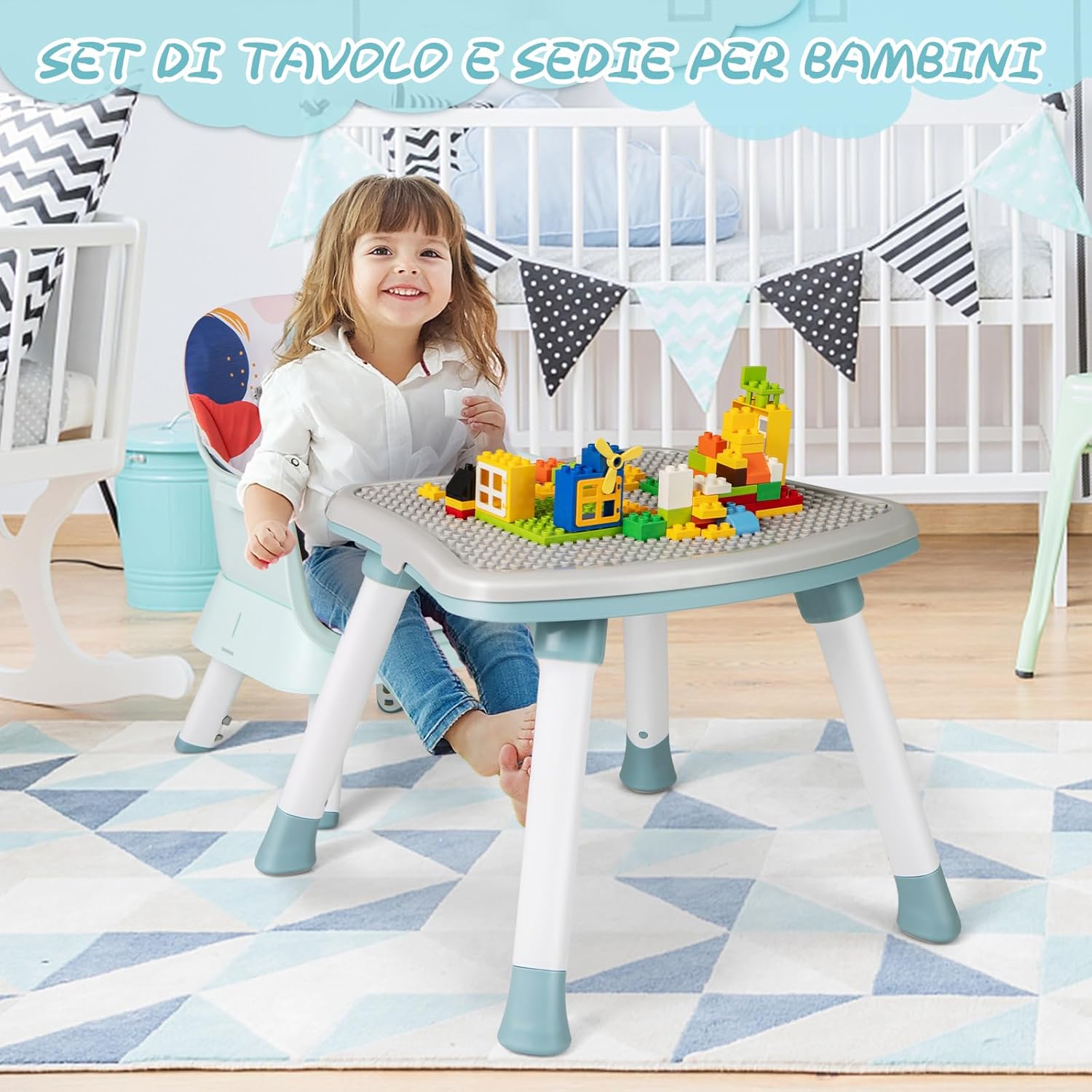 Seggiolone Pappa per Bambini 6 in 1, Seggiolone per Neonati Convertibile, Tavolo per Costruzioni per Bambini, con Imbracatura a 5 Punti, per Bambini da 6 Mesi fino 3 Anni (Colorato)