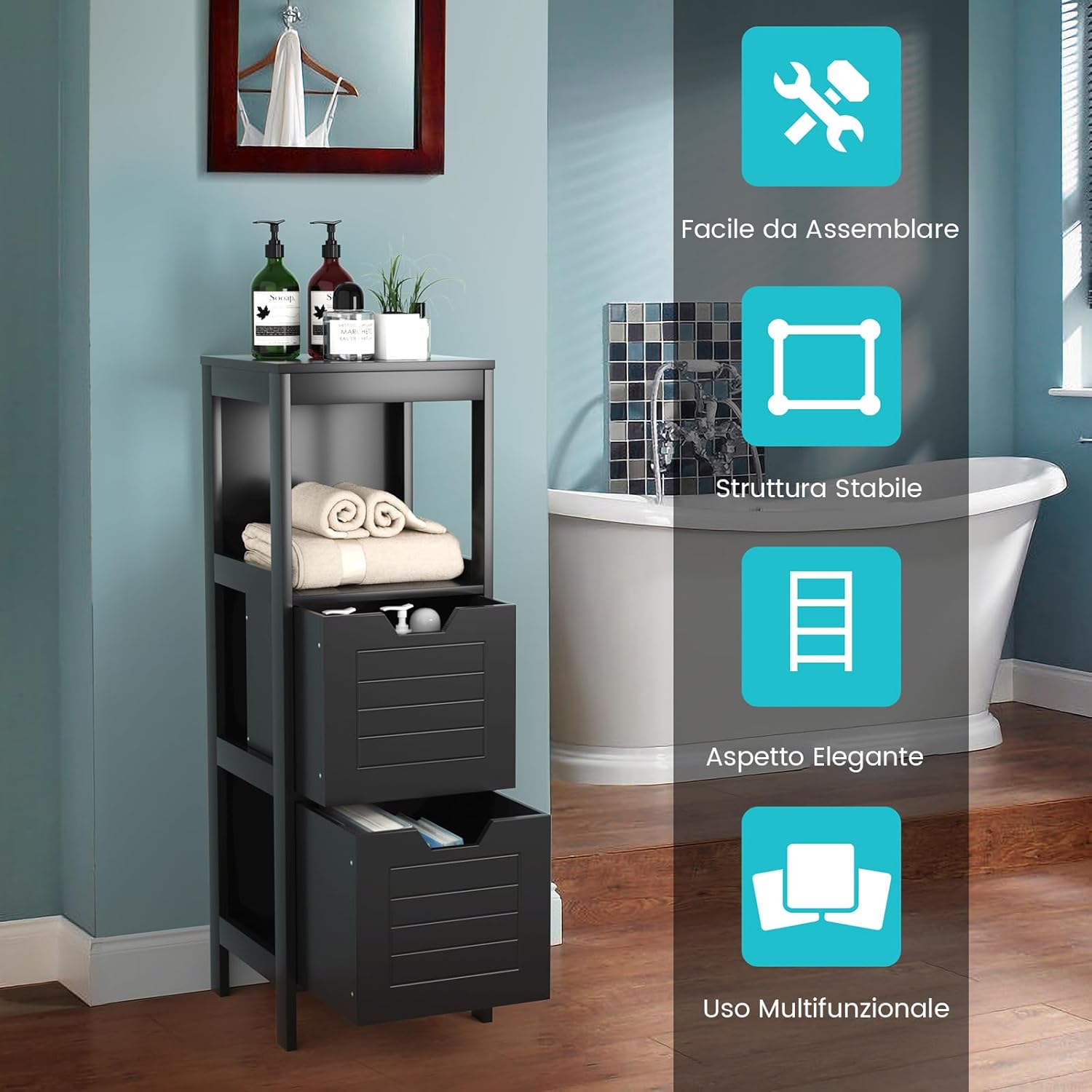 Armadietto da Bagno, Mobile di Legno Multifunzionale, con 2 Cassetti Rimovibili, Scaffale per Casa Ufficio Hotel, 30 x 30 x 89 cm (Nero)