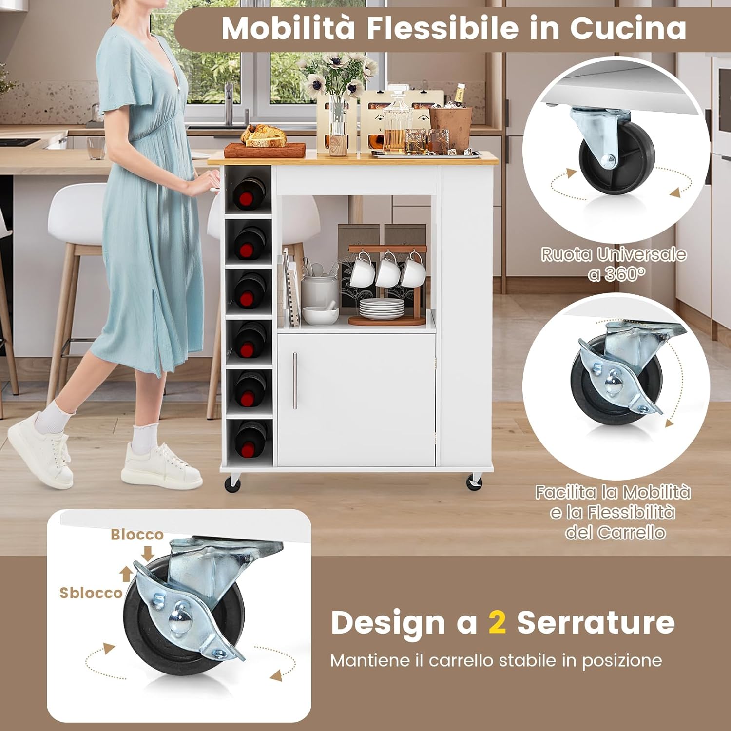 Carrello da Cucina con Ruote, Isola da Cucina con Scomparti Portabottiglie a 6 Scomparti, Portaspezie e Portasciugamani, 76x44x89 cm