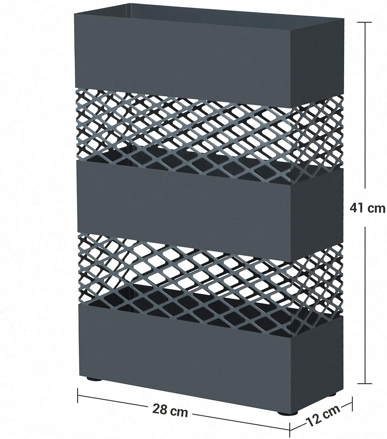 Supporto portaombrelli in metallo per ombrelli 28 x 12 x 41 cm rettangolare con presa acqua 4 ganci motivi traforati grigio antracite 12_0000878