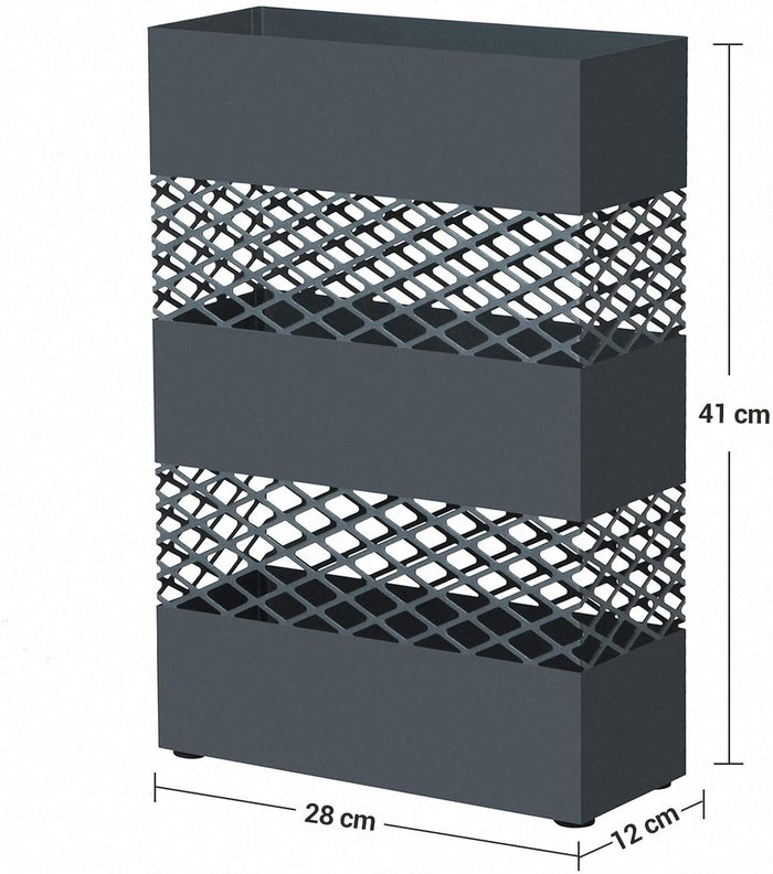 Supporto portaombrelli in metallo per ombrelli 28 x 12 x 41 cm rettangolare con presa acqua 4 ganci motivi traforati grigio antracite 12_0000878