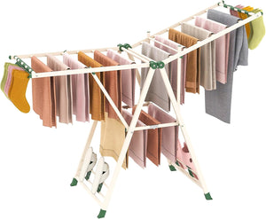 Stendibiancheria con 18 Barra, Stendino Pieghevole in Metallo con Ali Regolabili in Altezza, Clips per Calzini, Supporto per Abbigliamento Autoposante a Ali per Interno Esterno (Beige)