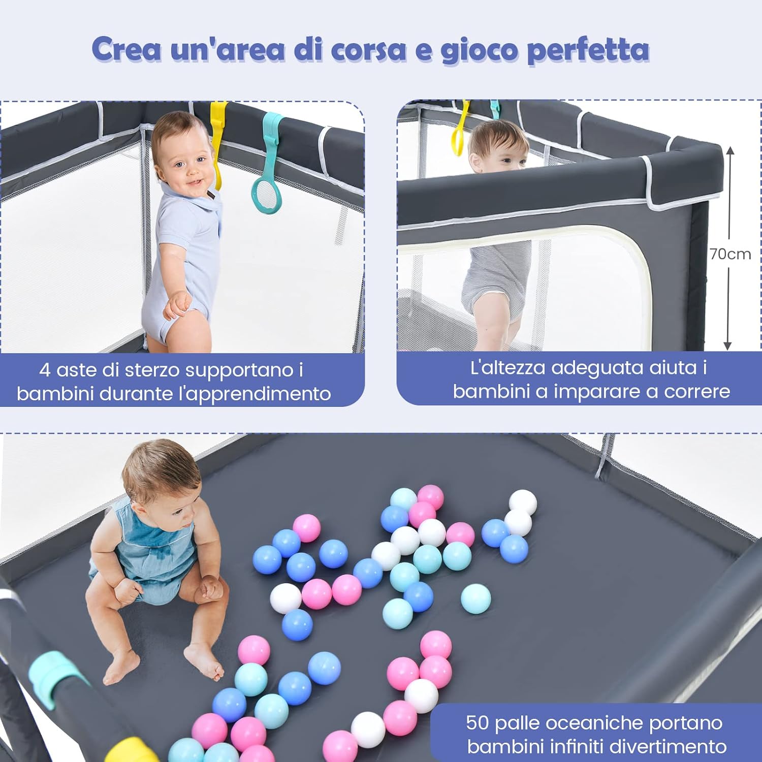 Recinto per Bambini, Box per Bambini con Rete Traspirante, Centro Attività per Bambini con 50 Palline, Box Giochi per Bambini 0-3 Anni (Grigio Scuro, ‎124 x 124 cm)