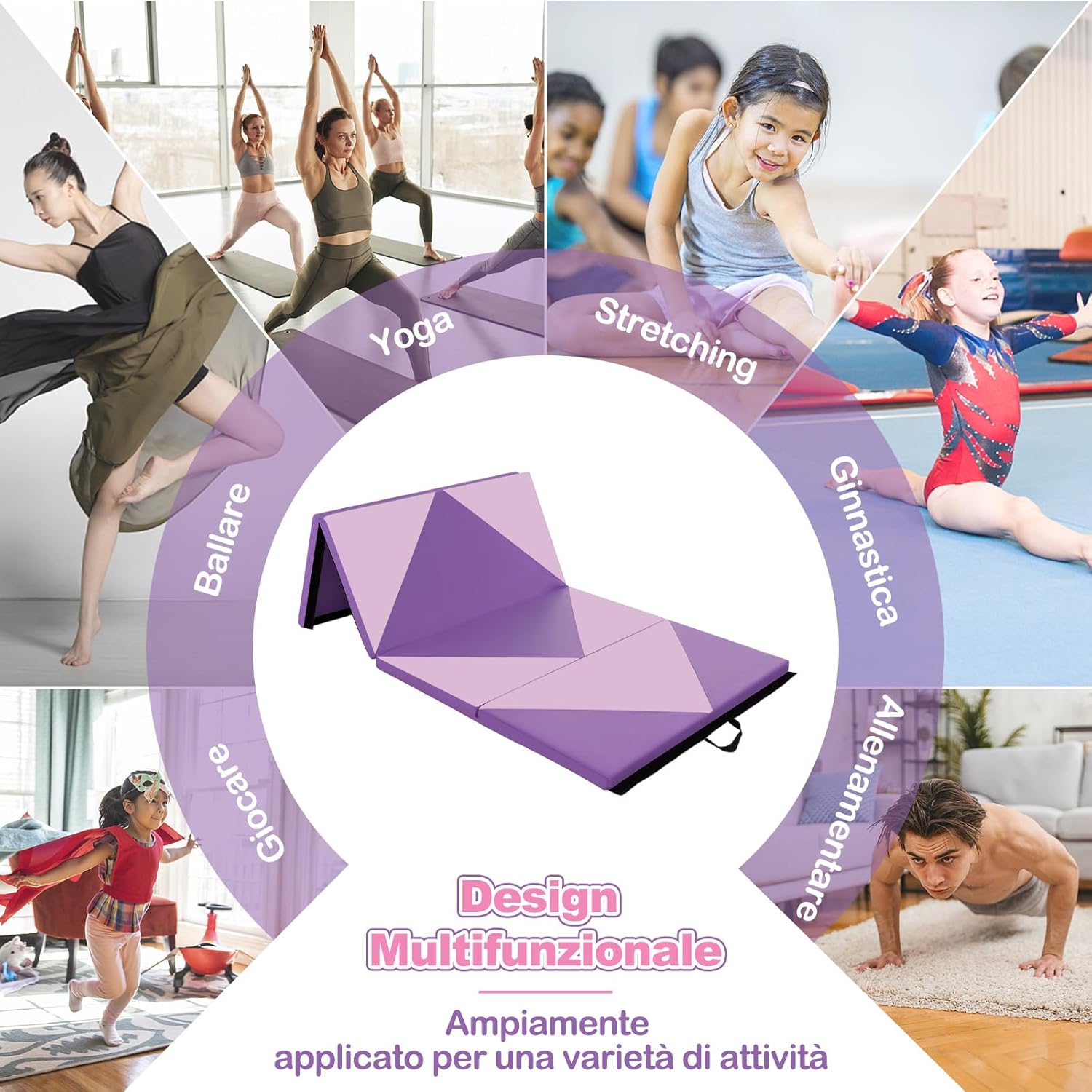 Tappetino Ginnastica Pieghevole 240 CM, Tappetino Fitness con Maniglie e Chiusure a Strappo per Stretching, Yoga, Arti Marziali da Casa e Palestra