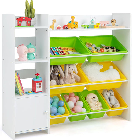 Mobile Porta Giochi per Bambini, Libreria e Scaffale per Giocattoli a 4 Livelli con 8 Contenitori 1 Anta, Libreria Multiuso per Bambini per Cameretta Soggiorno Asilo Nido