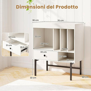 Armadio Camera da Letto 70 x 36 x 80 cm, Credenza Salvaspazia in Legno con Scomparti Aperti, Supporti per Album e Cassetto, Mobile Moderno per Sala Musica e Soggiorno (Bianco)