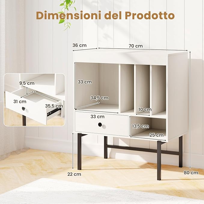 Armadio Camera da Letto 70 x 36 x 80 cm, Credenza Salvaspazia in Legno con Scomparti Aperti, Supporti per Album e Cassetto, Mobile Moderno per Sala Musica e Soggiorno (Bianco)