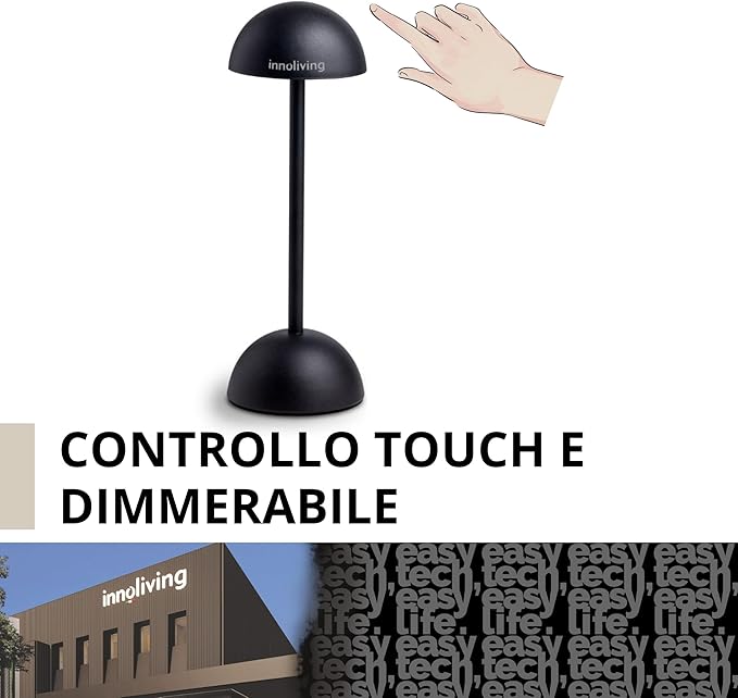 Innoliving lampada LED da tavolo INN-293 Nera, ricaricabile USB, Touch con Luce Dimmerabile a 3 Livelli per interni ed esterni