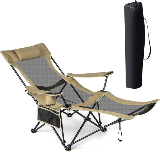 Sedia da campeggio, sedia a sdraio regolabile con poggiapiedi rimovibile, cuscino imbottito, portabicchieri e tasca laterale, sedia da campeggio pieghevole con borsa per il trasporto per parco