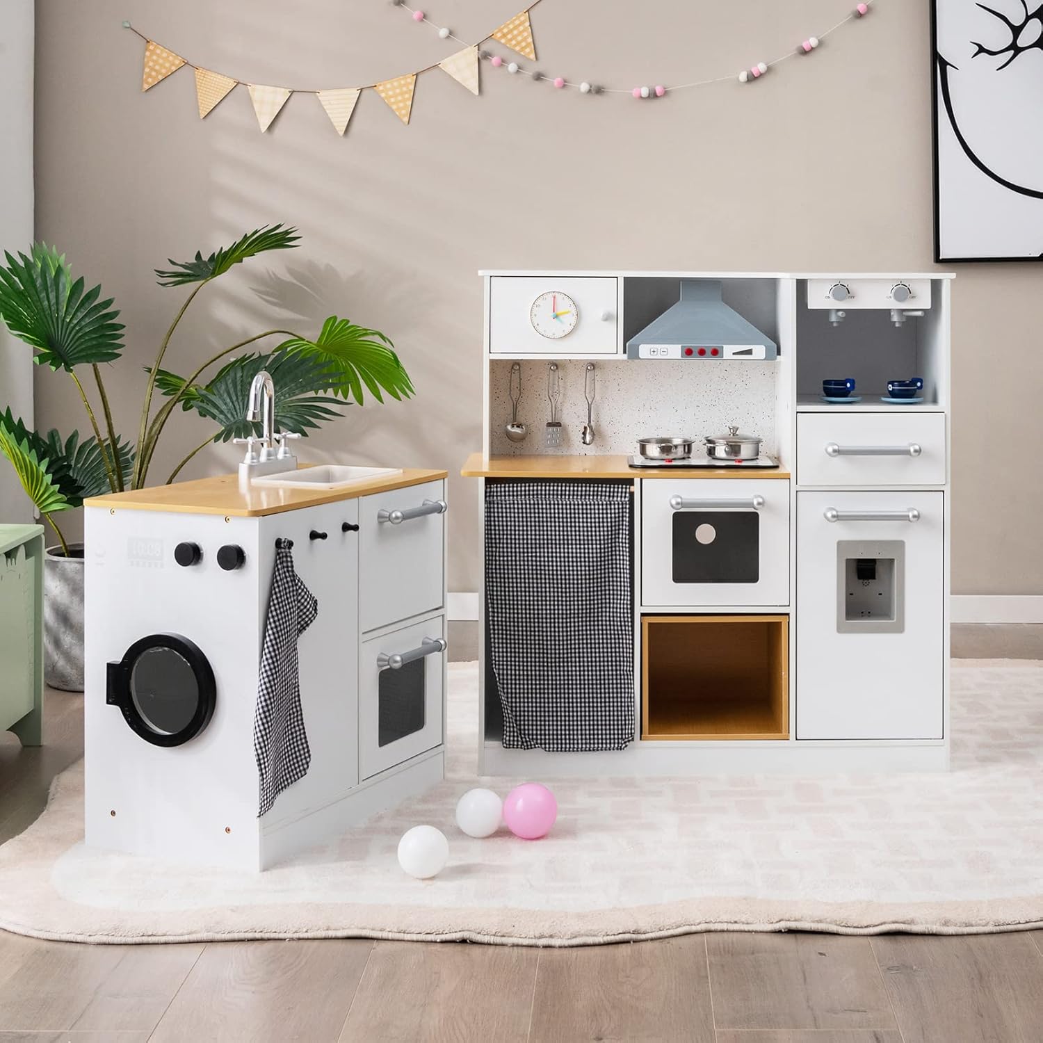 Cucina Giocattolo per Bambini, Cucina Legno per Bambini con Lavatrice, Macchina da Caffè, Forno, Microonde, Lavello e Rubinetto, Funzione Luci e Suoni, per Bambini 3+ Anni