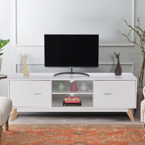 Mobile per TV da 60”, Mobile Porta TV Moderno con Ripiani, 2 Scomparti, 2 Ante, Fori Passacavi e Piedi in Legno Massello, Tavolo per Soggiorno e Camera da Letto, 140 x 40 x 48 cm, Bianco
