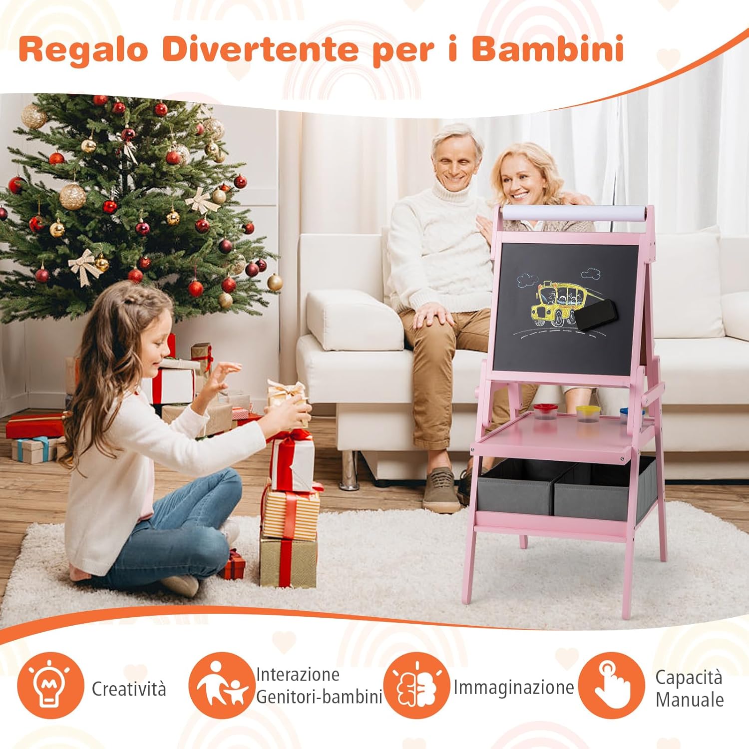 3 in 1 Cavalletto per Bambini, Cavalletto con Doppia Faccia Magnetica e Lavagna Bianca, Rotolo di Carta, 3 Bicchieri per Vernice e 2 Ceste in Tessuto, per Bambini 3-6 Anni (Rosa)
