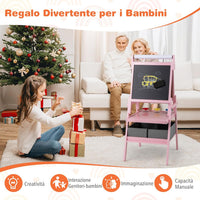 3 in 1 Cavalletto per Bambini, Cavalletto con Doppia Faccia Magnetica e Lavagna Bianca, Rotolo di Carta, 3 Bicchieri per Vernice e 2 Ceste in Tessuto, per Bambini 3-6 Anni (Rosa)